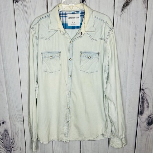 Aeropostale Snap-Up Western Shirt Sz XL Light Blue Chambray Faded Long Sleeve - Picture 1 of 8